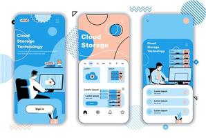 Cloud storage concept onboarding screens for mobile app templates. Users upload files, processing and computing. UI, UX, GUI user interface kit with people scenes for web design. Vector illustration