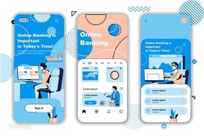 Online banking concept onboarding screens for mobile app templates. Financial transactions at bank website. UI, UX, GUI user interface kit with people scenes for web design. Vector illustration
