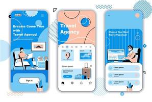 Travel agency concept onboarding screens for mobile app templates. Operator helps to choose tour, trip, vacation. UI, UX, GUI user interface kit with people scenes for web design. Vector illustration