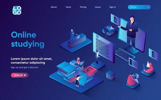 Online studying concept isometric landing page. Students watch webinars and online lectures, read books and study remotely, 3d web banner template. Vector illustration with people scene in flat design