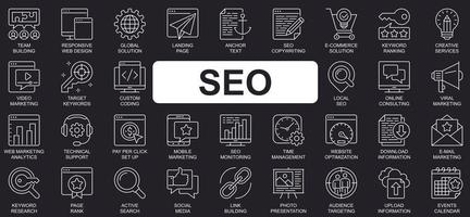 seo concepto conjunto de iconos de línea simple. paquete de optimización, solución, página de destino, palabra clave, clasificación, marketing de video, objetivo y otros. símbolos de esquema de paquete de vectores para el diseño de sitios web o aplicaciones móviles