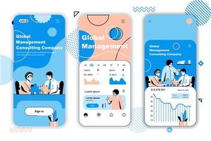 Global management concept onboarding screens for mobile app templates. Business teamwork, development, analytics. UI, UX, GUI user interface kit with people scenes for web design. Vector illustration