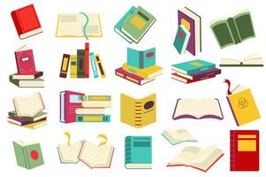 Reading book set in flat cartoon design. Stacks of books at bookstore or library. Student or reader bookshelf pack. Literature of different genres collection isolated elements. Vector illustration