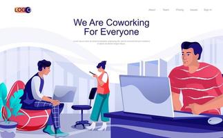 Coworking workspace concept isometric landing page. People work on laptops, communication and collaboration in open office, 3d web banner. Vector illustration in flat design for website template