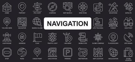 concepto de navegación conjunto de iconos de línea simple. paquete de casa, localización, brújula, mapa, búsqueda, ruta, montañas, satélite, rastreo y otros. símbolos de esquema de paquete de vectores para el diseño de sitios web o aplicaciones móviles