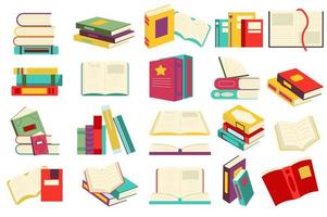 Reading book set in flat cartoon design. Stacks of books or textbook, open pages with bookmarks, literature of different genres. Library or bookstore collection isolated elements. Vector illustration