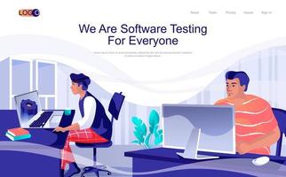 Software testing concept isometric landing page. People programming and coding, catching bugs in apps, optimization and settings, 3d web banner. Vector illustration in flat design for website template