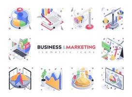 Business and marketing isometric icons set. Data analysis, financial statistics, advertising, promotion strategy, company development 3d isometry isolated pack. Vector illustration isometric elements