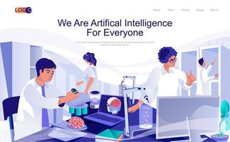 Artificial intelligence concept isometric landing page. People working with ai brains neural network in science laboratory, 3d web banner. Vector illustration in flat design for website template