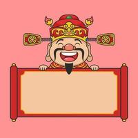 Cute Cninese New Year Fortune God Behind Scroll vector