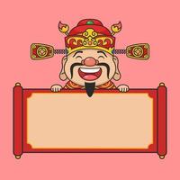 Cute Cninese New Year Fortune God Behind Scroll vector