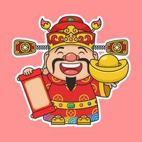 Cute Chinese New Year Fortune God Holding Gold Money And Scroll vector