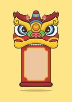 año nuevo chino danza del león cabeza mordiendo pergamino vector