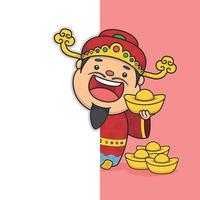 Cute Chinese New Year Fortune God Holding Money Behind Wall vector