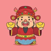 Cute Chinese New Year Fortune God Holding Two Gold Money vector