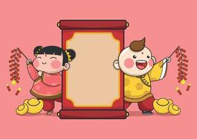 Cute Chinese New Year Kids Playing Firecracker With Scroll vector