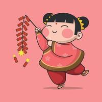 linda niña de año nuevo chino jugando petardo vector