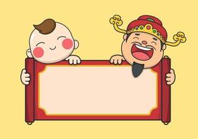 lindo año nuevo chino dios de la fortuna y el niño detrás del pergamino vector