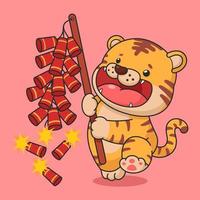 Cute Chinese New Year Tiger Holding Firecracker vector