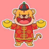 Cute Chinese New Year Tiger Holding Two Gold Money vector