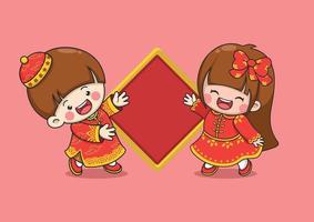 lindos niños de año nuevo chino con tablero de felicitación vector