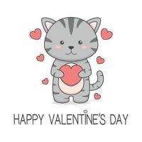lindo día de san valentín gatito gato sosteniendo corazón vector