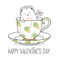 Cute Valentines Day Hedgehog Holding Love Letter In A Cup vector