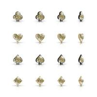 Set of 3d icons suits of playing cards with golden glitter is rotated at different angles isolated on white background. Vector symbols for casino, apps and websites or game design