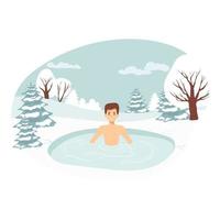 male Character Swimming in Ice. Healthy lifestyle challenge, sport activity concept. Hole in Winter Season. man Temper, Healthy Lifestyle Challenge, Sports Activity. Vector Illustration landscape