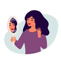 Hand drawn vector illustration of young woman looks on her reflection in mirror with love. Cartoon flat style flat isolated