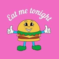 Retro Fast Food Mascot Illustrations. Old Cartoon Style Character. Smiling Burger Character vector