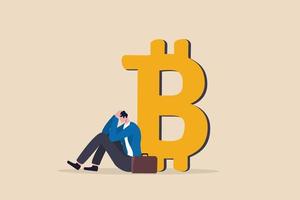Fear, uncertainty and doubt acronym as FUD in crypto currency trading by spread information concept, confused businessman investor sitting with fear on Bitcoin symbol. vector