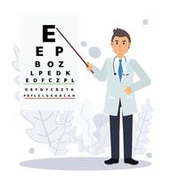 Oftalmología y oftalmólogo concept.male doctor oftalmologist haciendo examen ocular usando chart.flat vector 2d personaje de dibujos animados ilustración