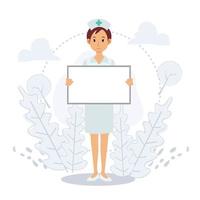 A female nurse is holding blank board,your text here, medical concept.Flat vector 2d cartoon character illustration