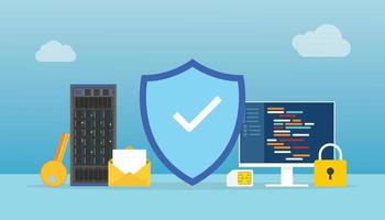 network security concept with shield and padlock server with programming language with modern flat style vector