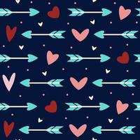 Cute cartoon hearts and arrows seamless vector pattern. Hand drawn love elements on dark background. Seasonal holiday backdrop for valentine's day, wedding, date, party. Romantic concept, flat style.