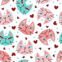 Grumpy faces of cats seamless vector pattern. Cute sad kittens with hearts, flat style. Hand drawn cartoon background, funny animal concept for valentine's day. Festive backdrop, childish sketch.