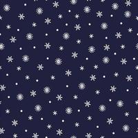 Snowfall seamless vector pattern. Hand-drawn graceful snowflakes on a blue background. Small white ice crystals, blizzard. Simple flat seasonal sketch. Christmas backdrop for decoration, design.