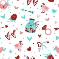 Símbolos del día de San Valentín patrón de vector transparente. elementos románticos dibujados a mano: corazón, flecha, candado, llave, poción de amor. objetos planos de dibujos animados lindo aislados sobre fondo blanco. concepto de vacaciones simple.