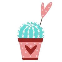 Cute vintage cactus vector icon. Hand-drawn succulent illustration isolated on white background. Echinocactus in a pot with a heart, polka dots. Romantic clipart for valentine's day.