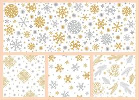 conjunto de patrones de vector transparente de Navidad. fondos de vacaciones dibujados a mano, frontera. oro, copos de nieve plateados, ramas de pino, abeto, árbol. colección de conceptos estacionales, estilo plano.