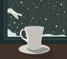 una taza de café caliente en la ventana con vista a la nieve vector