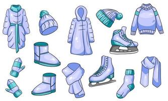 A set of winter things. Collection of warm clothes. Cartoon style. vector