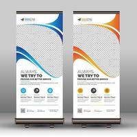 Modern Red, Blue, and Yellow Business Roll Up Banner Signage Template Set Unique Design, Print Ready Corporate Standee Layout for Office, Company, and Multipurpose Use vector
