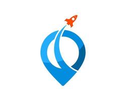 Blue pin location with swoosh and flying rocket vector