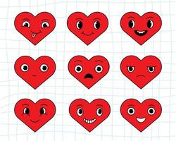 corazones de divertidos dibujos animados. Establecer pegatinas de San Valentín en estilo de dibujos animados retro de moda. vector