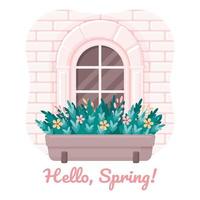 Spring card. Cute pink window with flowers. Vector illustration. Cartoon style. Isolated on white. Hello, spring.