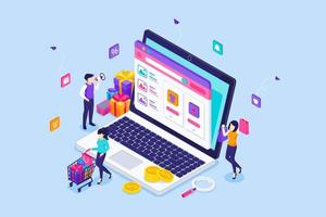 la gente está comprando en línea y comprando cosas en una tienda en línea a través de una computadora portátil gigante. un joven usa megáfono está promocionando sus cosas. concepto de compra online. ilustración vectorial isométrica vector