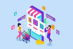 Young Women buy things in an online store via a giant mobile phone. Mobile shopping concept. Isometric Vector Illustration