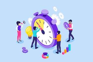 People trying to stop time. A man hangs on an arrow of a giant clock. Time management, Time limit, and Deadline concept. isometric vector illustration